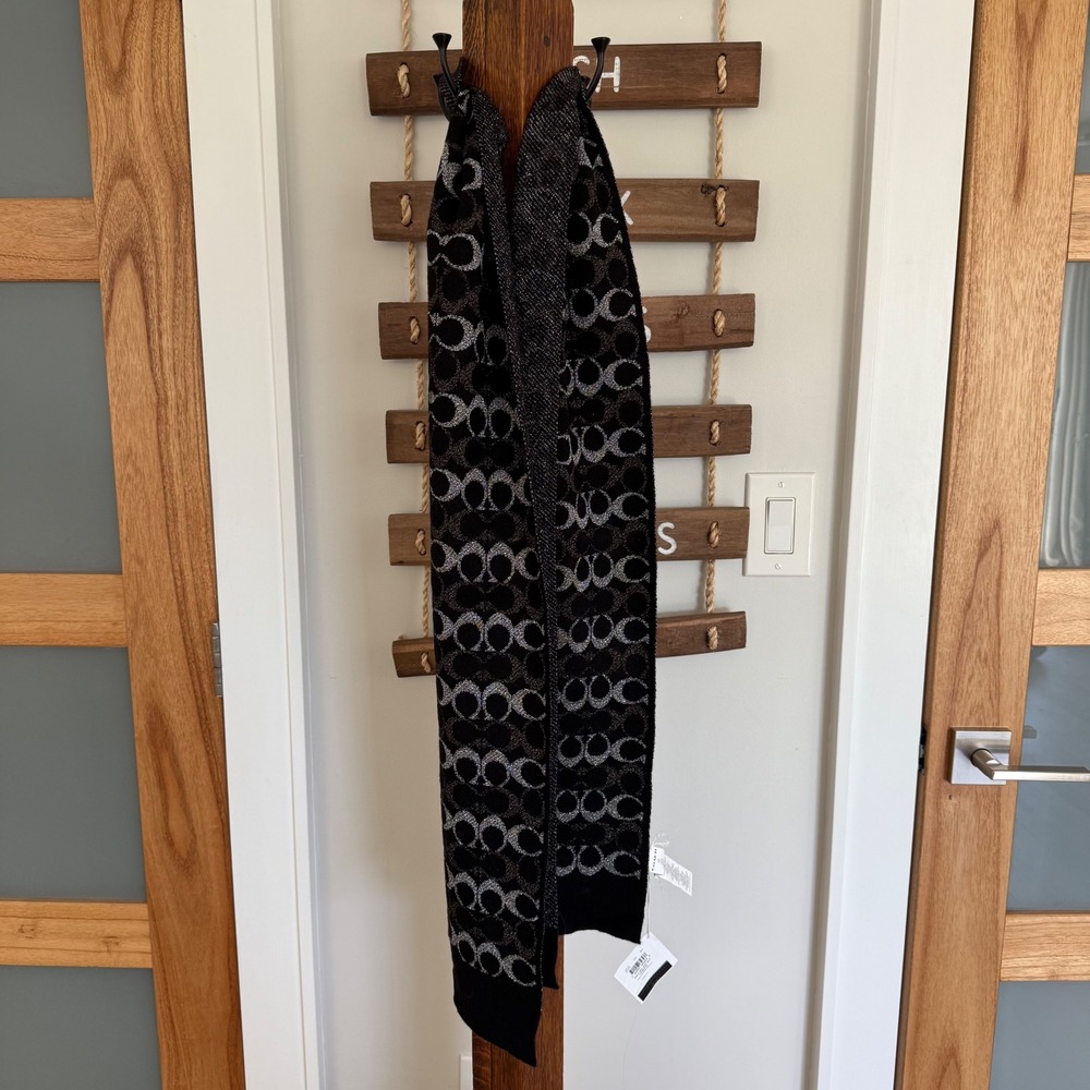 Coach Signature C Metallic Luxury Knit Scarf Black Silver Wool Blend 6' x20" NWT